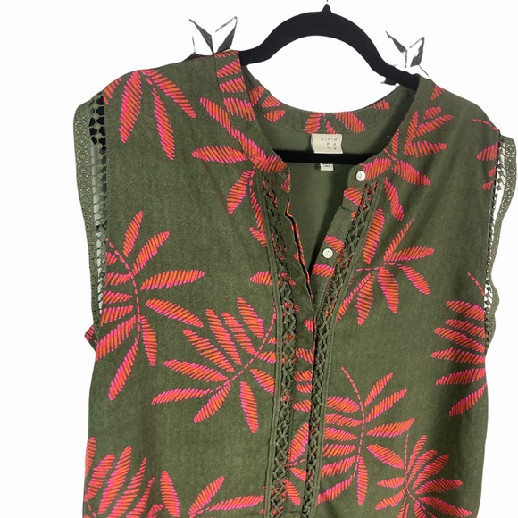 A New Day Women's Boho Green & Pink Print Sleeveless Details Top size L - Picture 3 of 11